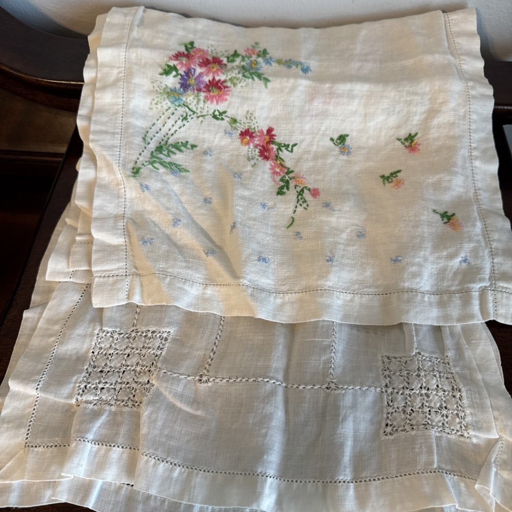 2 Pc. 40" Vintage Table Runners Floral Crochet Needlepoint Set Lot